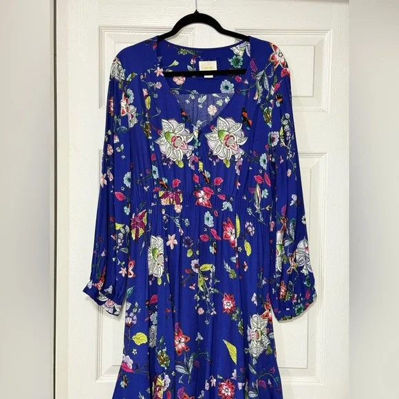 Maeve Anthropologie Maplewood Blue Floral Long Sleeves Button Dress Size XL - Picture 4 of 14